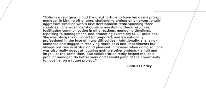 Sofia Zelenova testimonial from Charles Corley